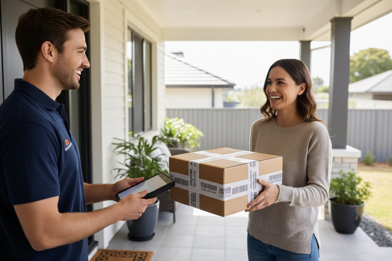 Genera una imagen donde el transportista entrega el pedido al cliente y se ve que es un envio seguro
